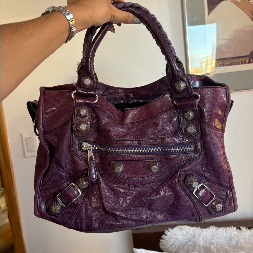 Balenciaga City Giant Studs Bag Medium in Purple Leather